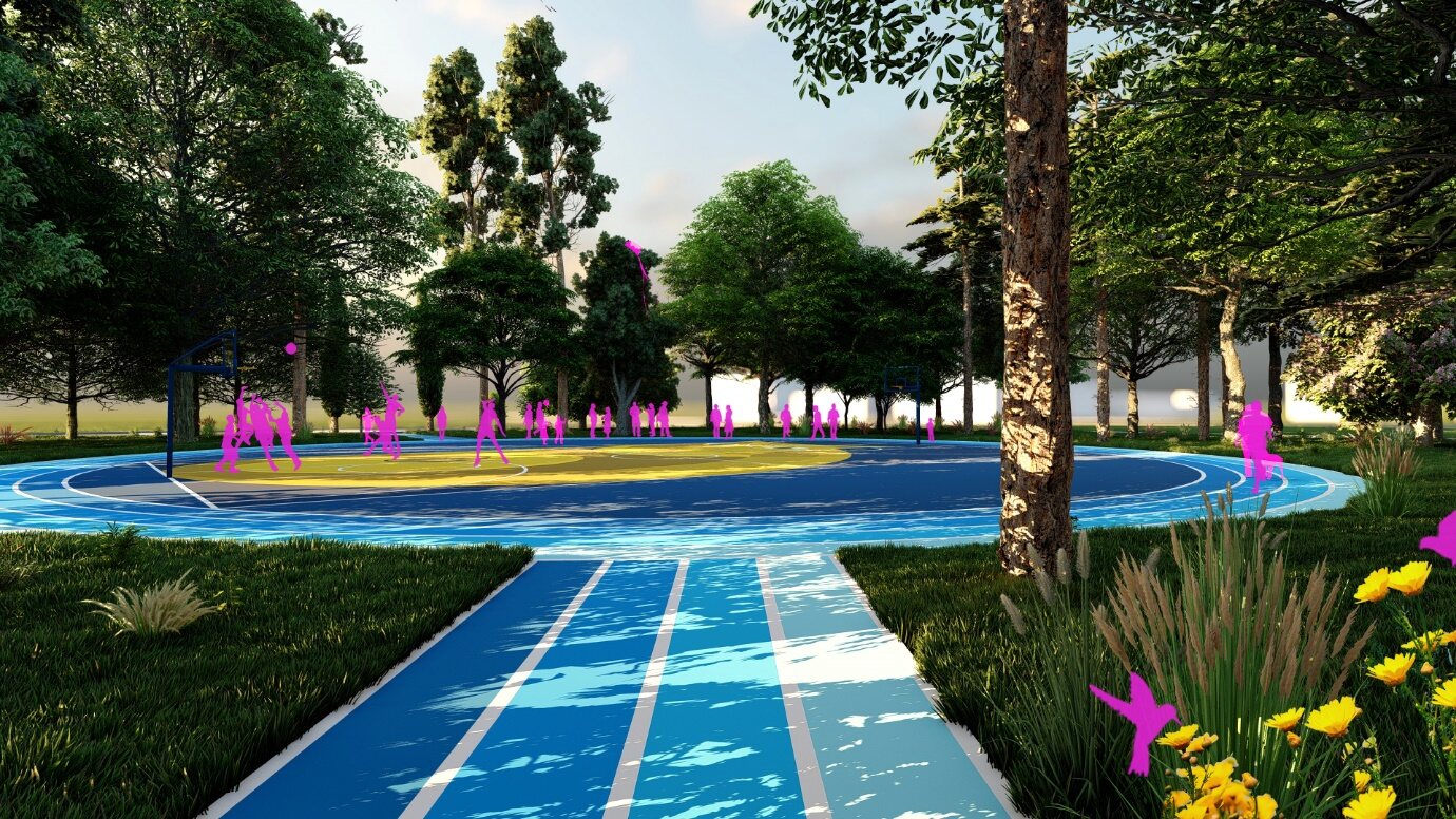 Visualisation of the LYNX green space with blue running tracks