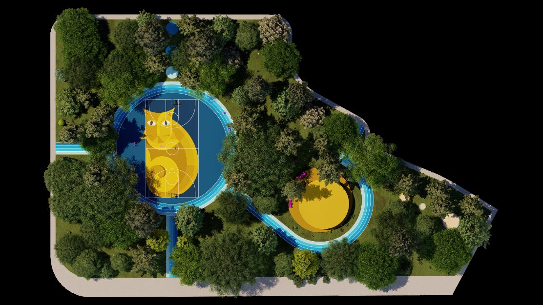 Site plan: the sports court with the stylized lynx