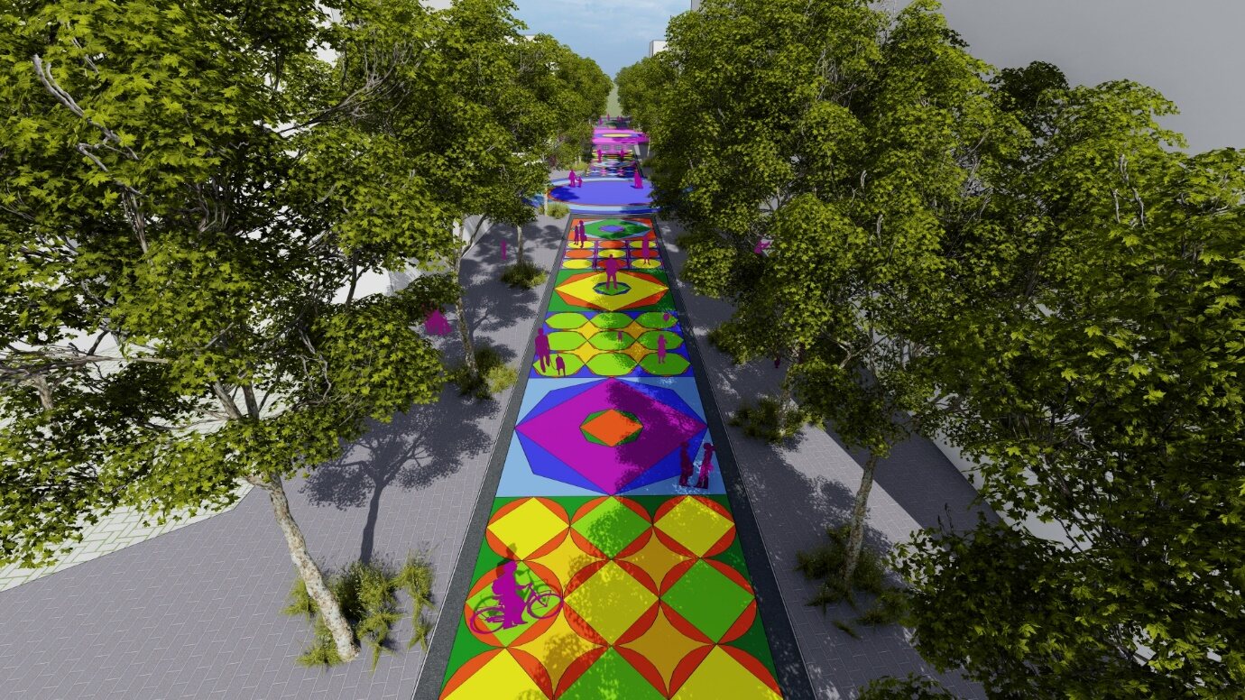 Visualisation of a Skopje street with colourful asphalt art